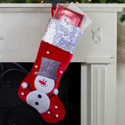 Clearance 20.5" Red and White Snowman Embroidered Christmas Stocking with Sequined Cuff Stockings