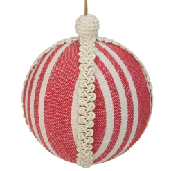 New 4.75" Red and White Striped Ball Christmas Ornament with Rope Accent Glass|Ball Ornaments