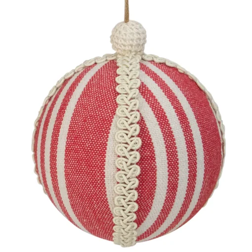 New 4.75" Red and White Striped Ball Christmas Ornament with Rope Accent Glass|Ball Ornaments