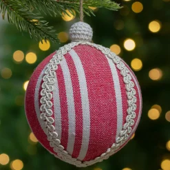 New 4.75" Red and White Striped Ball Christmas Ornament with Rope Accent Glass|Ball Ornaments