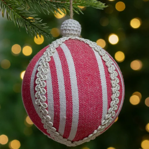 New 4.75" Red and White Striped Ball Christmas Ornament with Rope Accent Glass|Ball Ornaments
