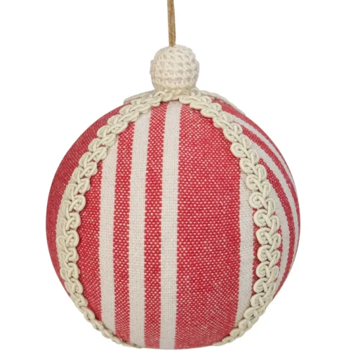 New 4.75" Red and White Striped Ball Christmas Ornament with Rope Accent Glass|Ball Ornaments