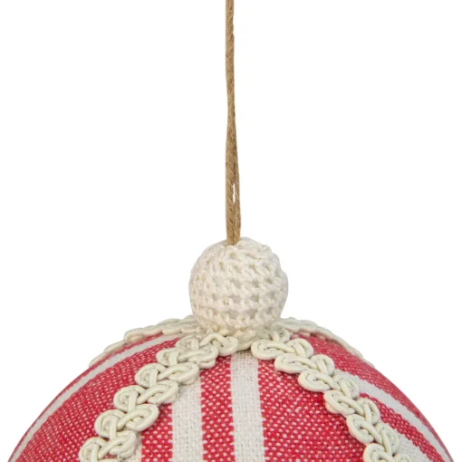 New 4.75" Red and White Striped Ball Christmas Ornament with Rope Accent Glass|Ball Ornaments
