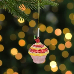 Discount 3" Red and Yellow Cupcake with Cherry Glass Christmas Ornament Food & Beverage
