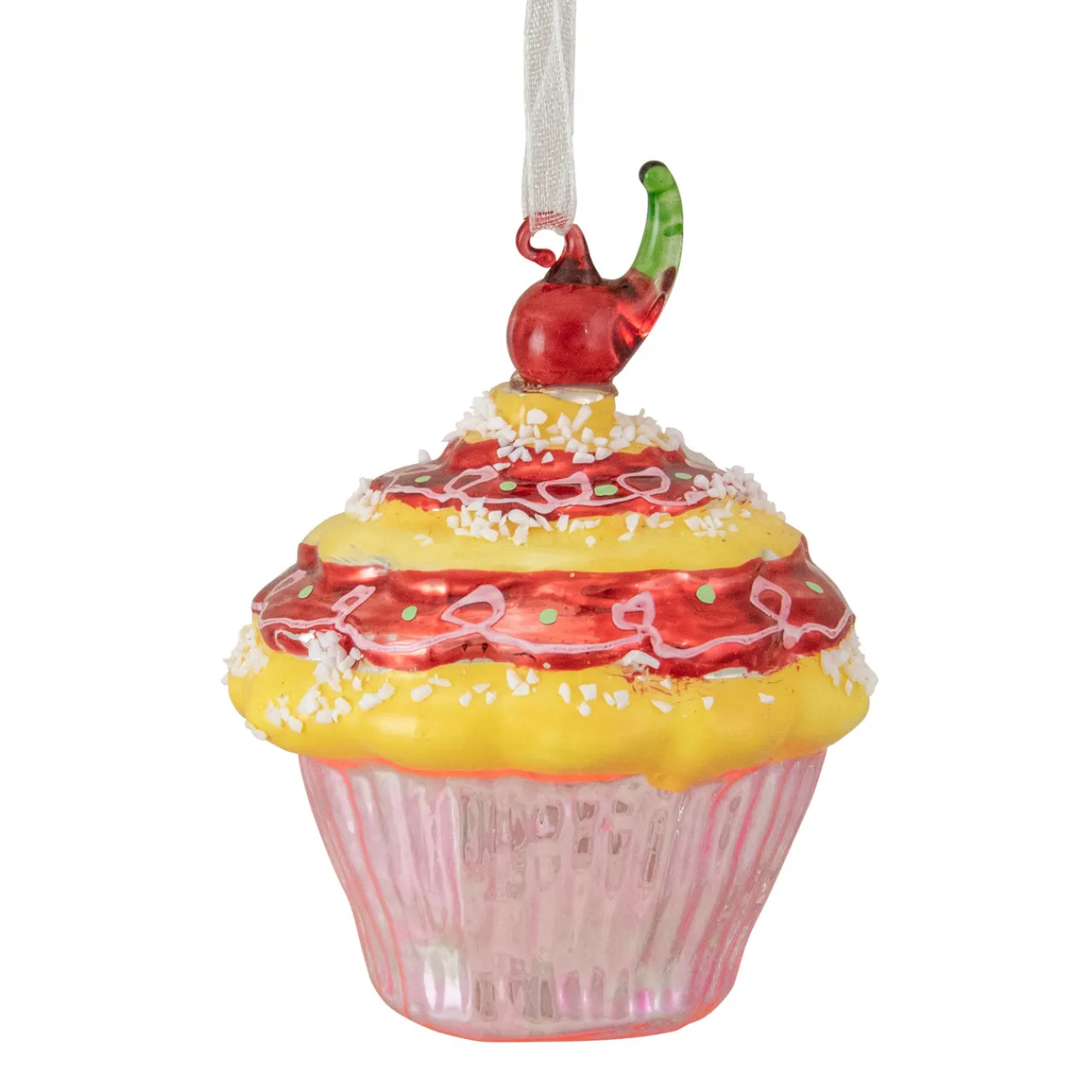 Discount 3" Red and Yellow Cupcake with Cherry Glass Christmas Ornament Food & Beverage