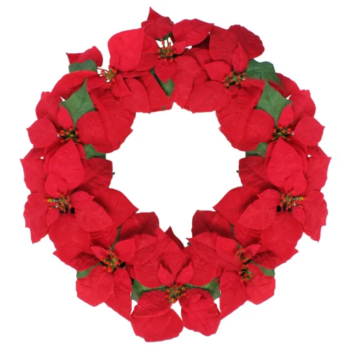 Outlet 24" Red Artificial Poinsettia Flower Christmas Wreath - Unlit Poinsettias