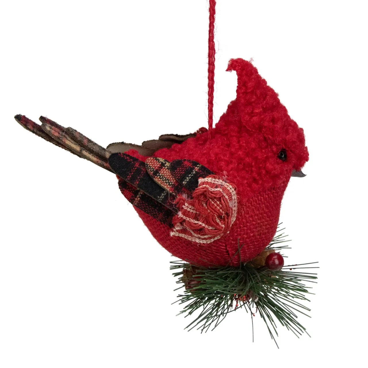 Outlet 6.5" Red Burlap Cardinal with Pine Needles and Berries Christmas Ornament Animals