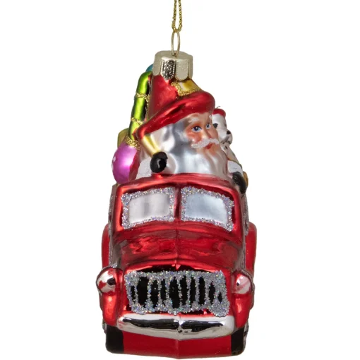 New 4" Red Fire Truck with Santa and Presents Glass Christmas Ornament Santa Claus