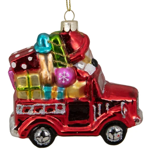 New 4" Red Fire Truck with Santa and Presents Glass Christmas Ornament Santa Claus