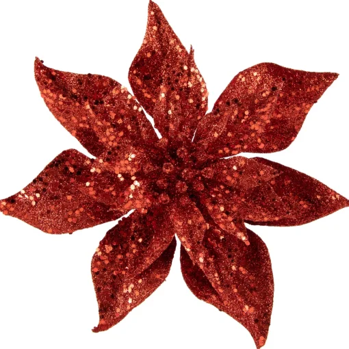 Outlet 9" Red Glittered Poinsettia Christmas Clip Ornament Garden & Floral