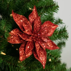 Outlet 9" Red Glittered Poinsettia Christmas Clip Ornament Garden & Floral