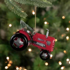 Online 3" Red Metal Tractor with Frosted Tree Christmas Ornament Transportation