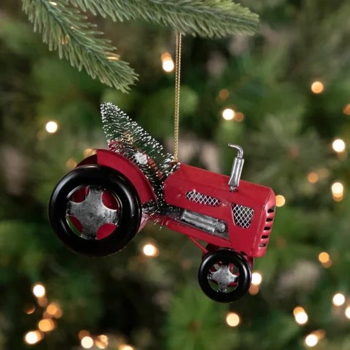 Online 3" Red Metal Tractor with Frosted Tree Christmas Ornament Transportation