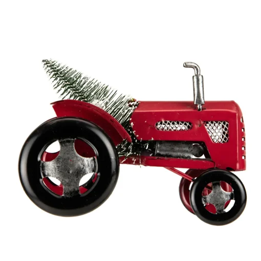 Online 3" Red Metal Tractor with Frosted Tree Christmas Ornament Transportation
