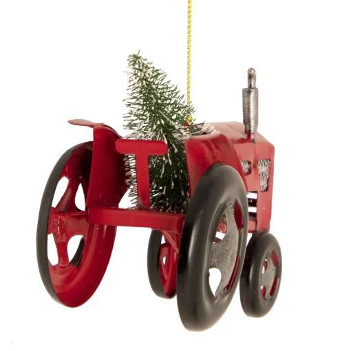 Online 3" Red Metal Tractor with Frosted Tree Christmas Ornament Transportation
