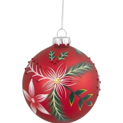 Hot 4" Red Poinsettia and Holly Glass Christmas Ball Ornament Glass|Ball Ornaments