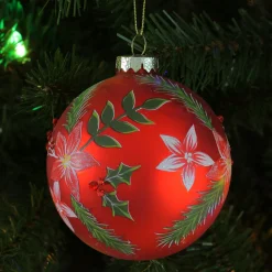 Hot 4" Red Poinsettia and Holly Glass Christmas Ball Ornament Glass|Ball Ornaments