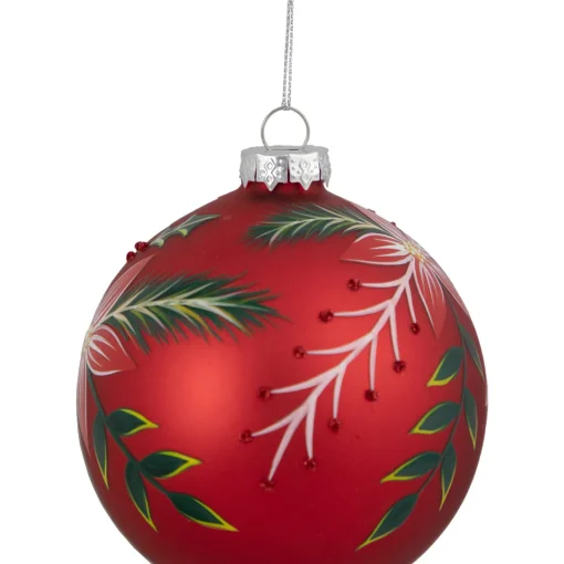 Hot 4" Red Poinsettia and Holly Glass Christmas Ball Ornament Glass|Ball Ornaments