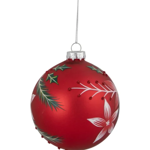 Hot 4" Red Poinsettia and Holly Glass Christmas Ball Ornament Glass|Ball Ornaments