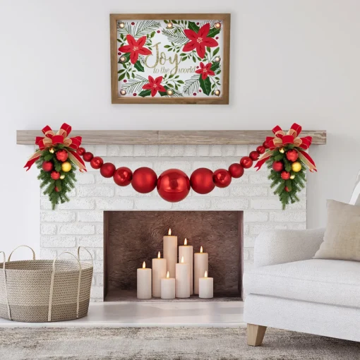 Hot 6' Red Shiny and Matte Shatterproof Ball Christmas Swag Unlit Swags