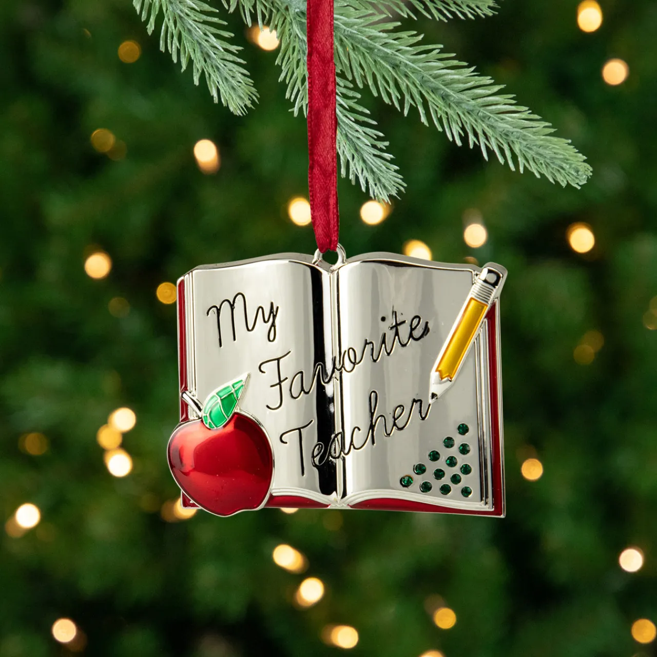 Sale 3.25" Red Silver-Plated Favorite Teacher Christmas Ornament with European Crystals Occupations