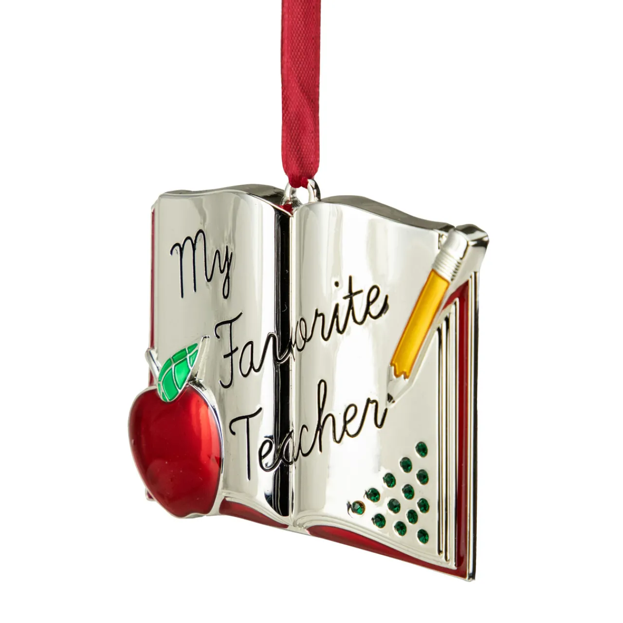 Sale 3.25" Red Silver-Plated Favorite Teacher Christmas Ornament with European Crystals Occupations