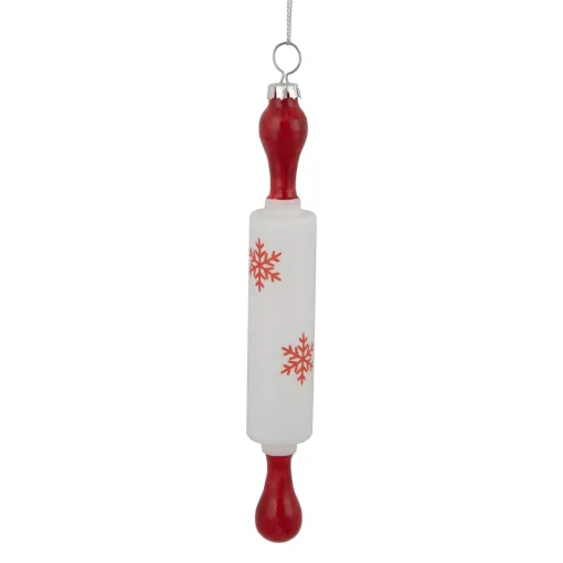 New 7.25" Red Snowflakes Rolling Pin Glass Christmas Ornament Food & Beverage