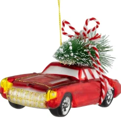 Discount 5" Red Vintage Car with Christmas Tree Glass Ornament Transportation