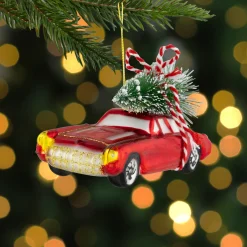 Discount 5" Red Vintage Car with Christmas Tree Glass Ornament Transportation