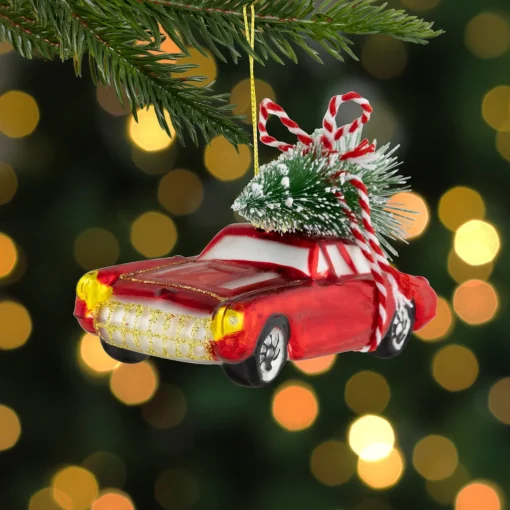 Discount 5" Red Vintage Car with Christmas Tree Glass Ornament Transportation