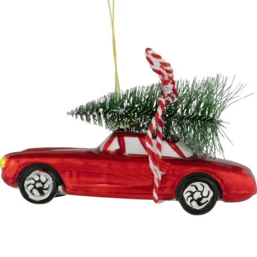 Discount 5" Red Vintage Car with Christmas Tree Glass Ornament Transportation