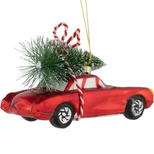 Discount 5" Red Vintage Car with Christmas Tree Glass Ornament Transportation
