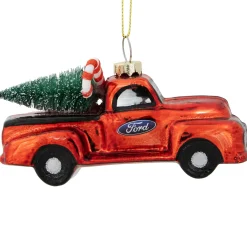Best 4" Red Vintage Ford Truck with Frosted Tree Glass Christmas Ornament Transportation