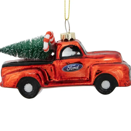 Best 4" Red Vintage Ford Truck with Frosted Tree Glass Christmas Ornament Transportation