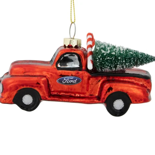 Best 4" Red Vintage Ford Truck with Frosted Tree Glass Christmas Ornament Transportation