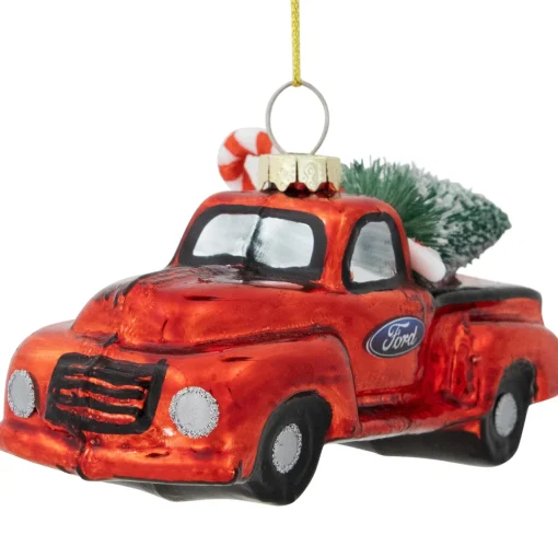 Best 4" Red Vintage Ford Truck with Frosted Tree Glass Christmas Ornament Transportation
