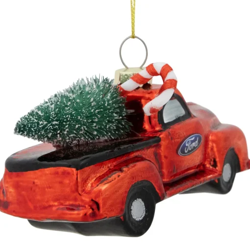 Best 4" Red Vintage Ford Truck with Frosted Tree Glass Christmas Ornament Transportation