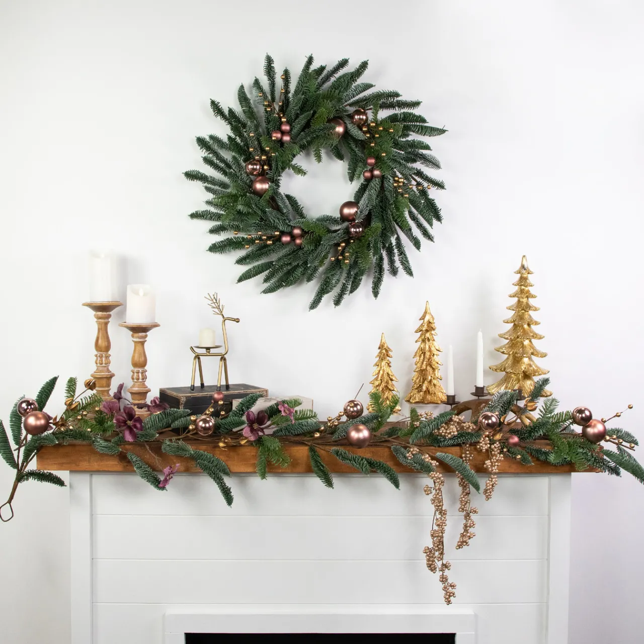 6' Rose Gold Ball Ornaments Artificial Christmas Garland, Unlit Pre Decorated