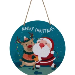 8" Santa and Reindeer "Merry Christmas" Disc Ornament Disk Ornaments