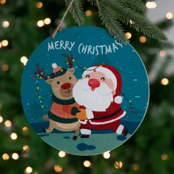 8" Santa and Reindeer "Merry Christmas" Disc Ornament Disk Ornaments