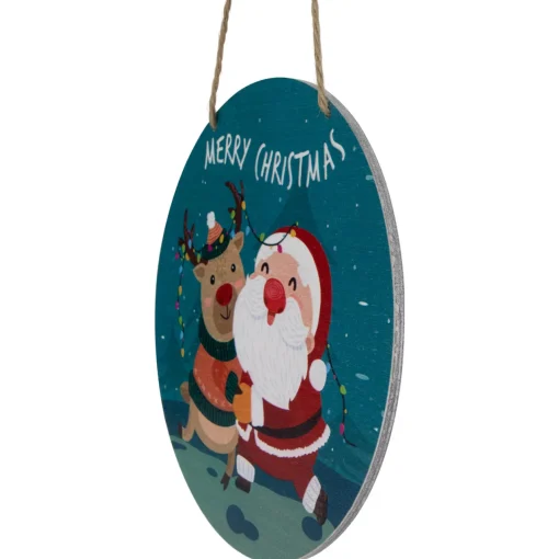 8" Santa and Reindeer "Merry Christmas" Disc Ornament Disk Ornaments