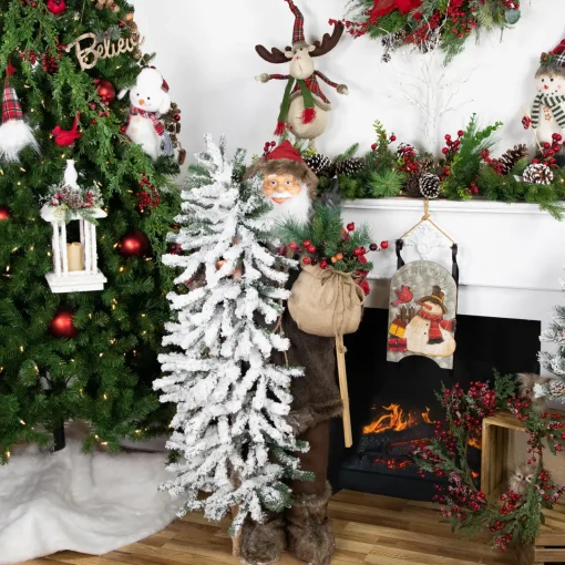 Clearance 48" Santa Claus with Artificial Flocked Alpine Tree Christmas Figure Santa Claus