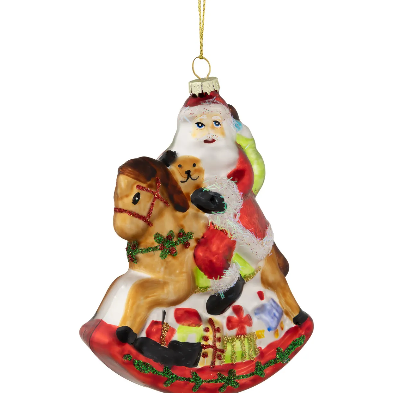 4.75" Santa on a Rocking Horse Glittered Glass Christmas Ornament Santa Claus