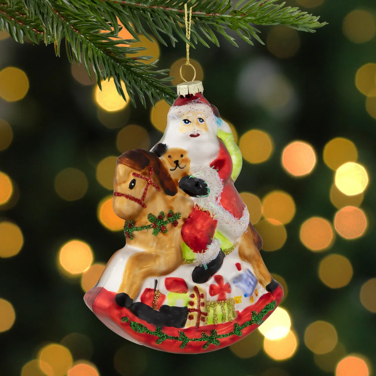 4.75" Santa on a Rocking Horse Glittered Glass Christmas Ornament Santa Claus