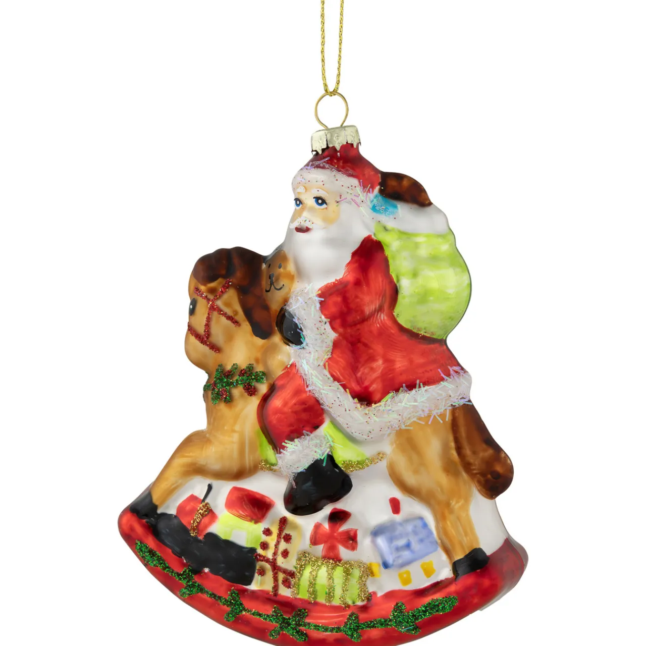 4.75" Santa on a Rocking Horse Glittered Glass Christmas Ornament Santa Claus