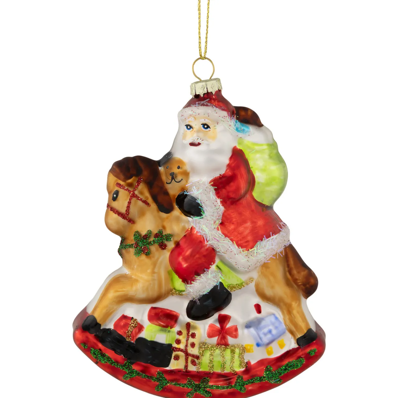 4.75" Santa on a Rocking Horse Glittered Glass Christmas Ornament Santa Claus