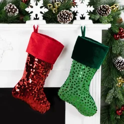 Outlet 19" Shiny Metallic Red Sequined Christmas Stocking with Velveteen Cuff Stockings