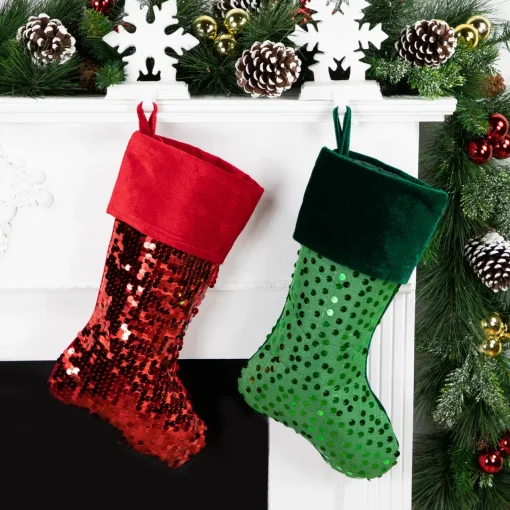 Outlet 19" Shiny Metallic Red Sequined Christmas Stocking with Velveteen Cuff Stockings