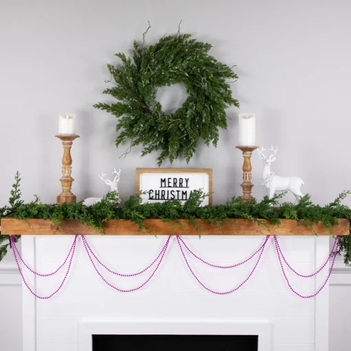 Sale 15' Shiny Pink Beaded Christmas Garland, Unlit Beaded