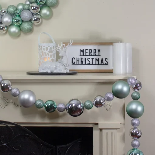 Clearance 6' Silver and Seafoam Green 3-Finish Shatterproof Ball Christmas Garland Pre Decorated